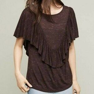 Anthropologie Brown Ruffle-Front Short Sleeve Top
